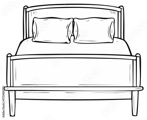 Black and white cartoon bed with headboard footboard mattress and two pillows cozy sleeping furniture line art