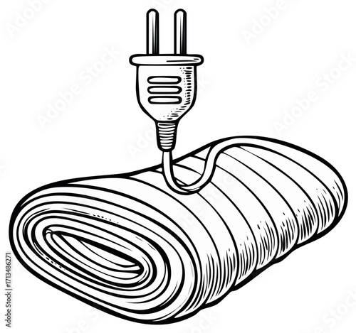 Rolled Electric Heating Pad with Power Plug in Line Art Illustration