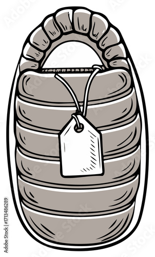 Closed Sleeping Bag with Attached Blank Tag, Camping Equipment Vector Illustration