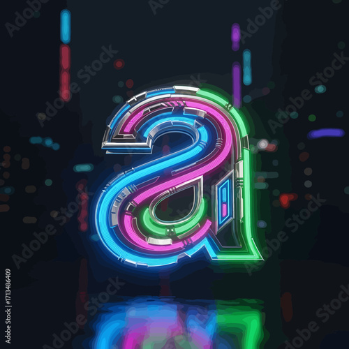 Futuristic neon letter 'a' with vibrant colors and a technological design against a blurred background.