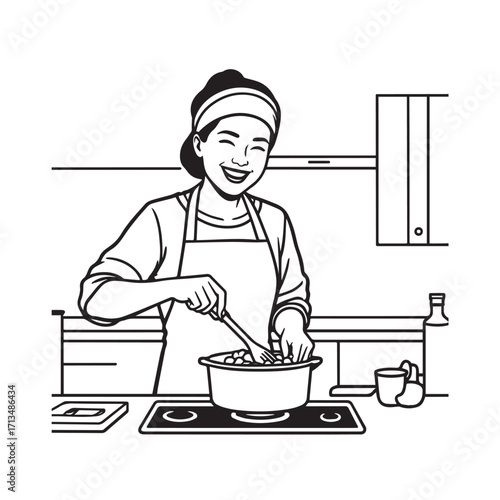Black and White Vector Illustration of a Smiling Woman Cooking in Kitchen with Apron and Headband