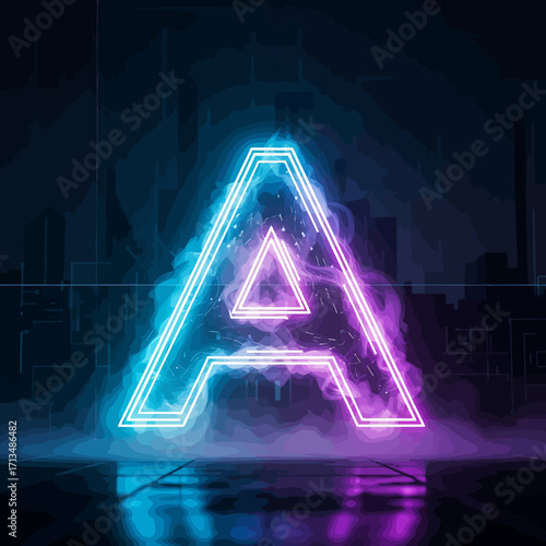 Neon letter A glowing in smoky city scene.