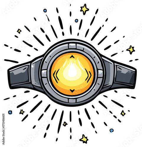 Illustration of a futuristic watch with a glowing screen and starburst effect