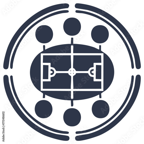 Soccer field emblem with surrounding circles and design elements