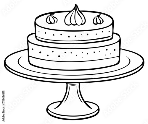 Simple black and white line art illustration of a two tier celebration cake on a stand