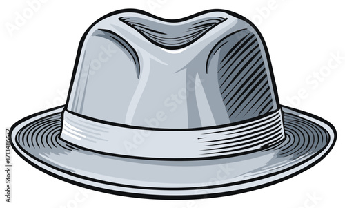 Illustration of a Classic Fedora Style Hat with a Ribbon Accessory and Shaded Design Elements