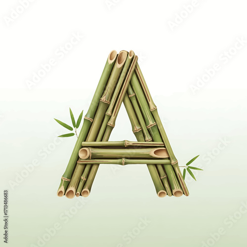 The capital letter A intricately constructed from fresh green bamboo stalks and leaves against a soft green background.