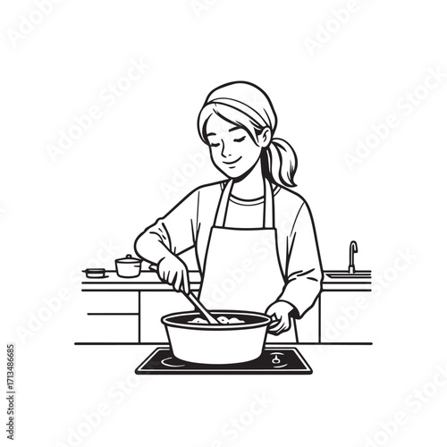 Black and White Vector Illustration of a Smiling Woman Cooking in Kitchen with Apron and Headband