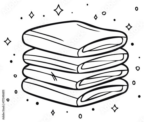 Stacked folded towels illustration. Simple line art of soft textiles with decorative elements.