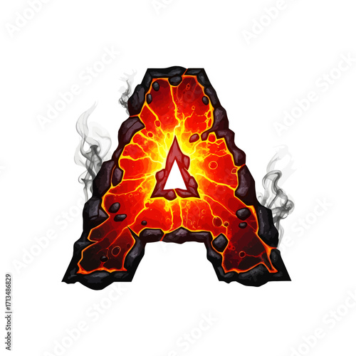 A stylized letter A rendered as a fiery, molten rock formation with smoke emanating from its edges.