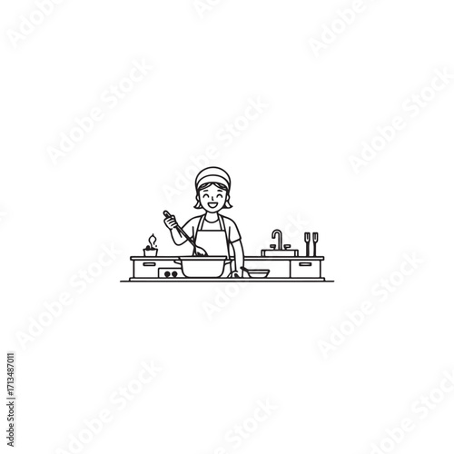 Black and White Vector Illustration of a Smiling Woman Cooking in Kitchen with Apron and Headband