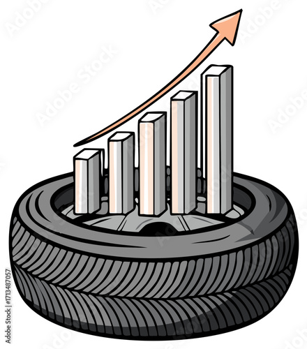 Automotive Industry Growth: Tire Supports a Rising Bar Graph with Upward Arrow