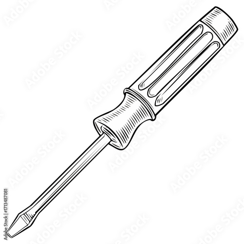 Engraved illustration of a slotted screwdriver, isolated, in black and white.