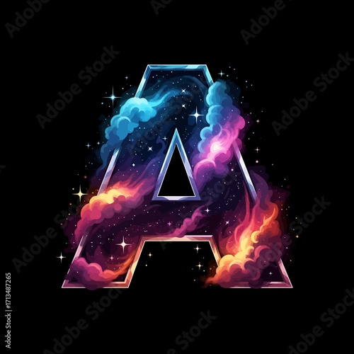 Letter A with cosmic nebula filling and chrome outline on black.