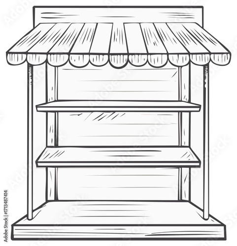 Simple Sketch of an Empty Wooden Stall with Two Shelves and a Striped Awning