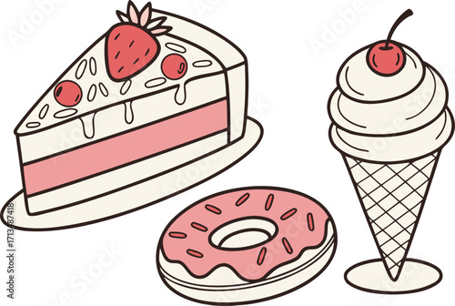 Food vector set of desserts cake donut ice cream flat style