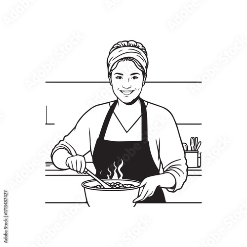 Black and White Vector Illustration of a Smiling Woman Cooking in Kitchen with Apron and Headband