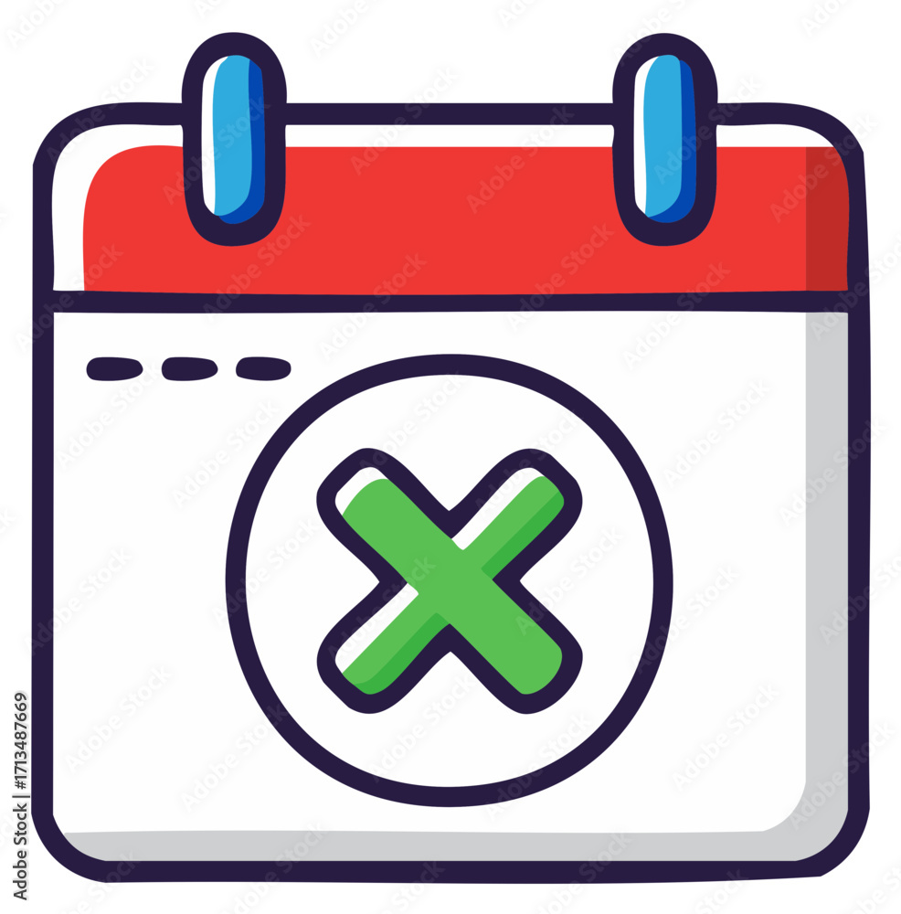 Obraz premium Cartoon Calendar with Green Cross Mark Denoting Cancellation or Error