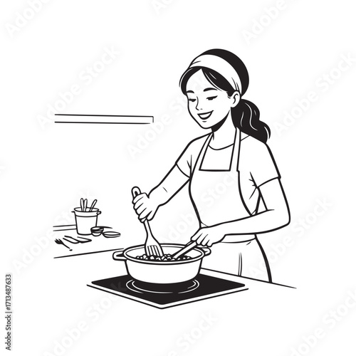 Black and White Vector Illustration of a Smiling Woman Cooking in Kitchen with Apron and Headband