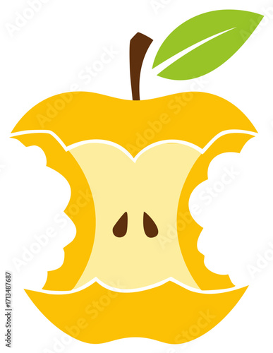 Graphic bitten yellow apple illustration showing core with brown stem and a green leaf simple art, a minimalist fruit design