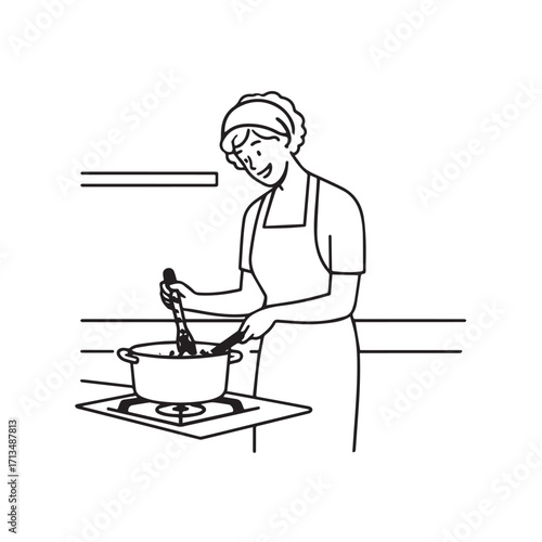 Black and White Vector Illustration of a Smiling Woman Cooking in Kitchen with Apron and Headband