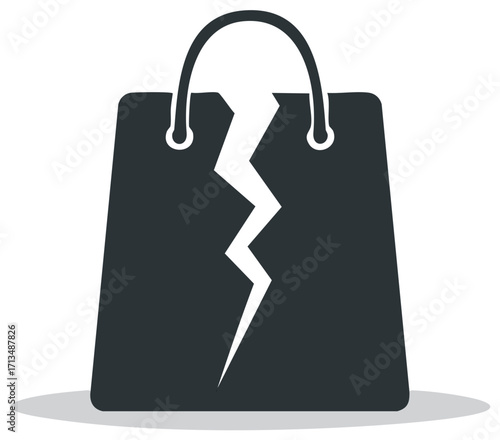 Dark shopping bag with a striking white crack symbolizing retail problems or e commerce failure.