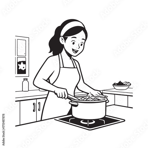 Black and White Vector Illustration of a Smiling Woman Cooking in Kitchen with Apron and Headband
