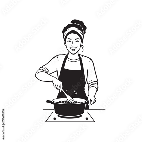 Black and White Vector Illustration of a Smiling Woman Cooking in Kitchen with Apron and Headband