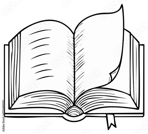 Open book with blank pages and a bookmark illustrated in a simple black outline style