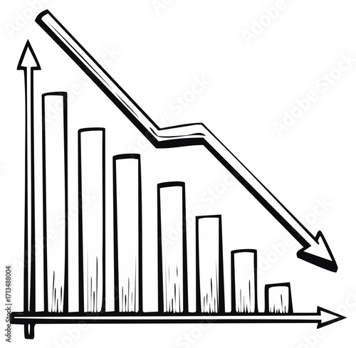 Hand Drawn Business Chart Showing Growth and Decline with Downward Arrow