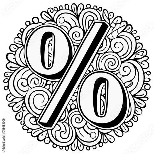 Decorative percentage sign with black and white floral doodle style design pattern