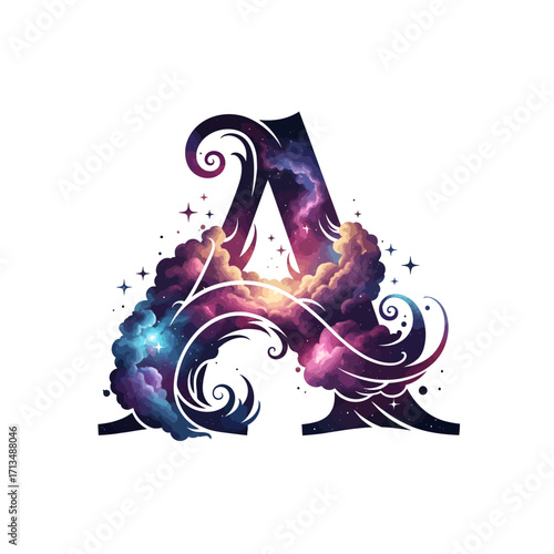 An ornate capital letter A filled with a celestial nebula of colorful cosmic clouds and sparkling stars.