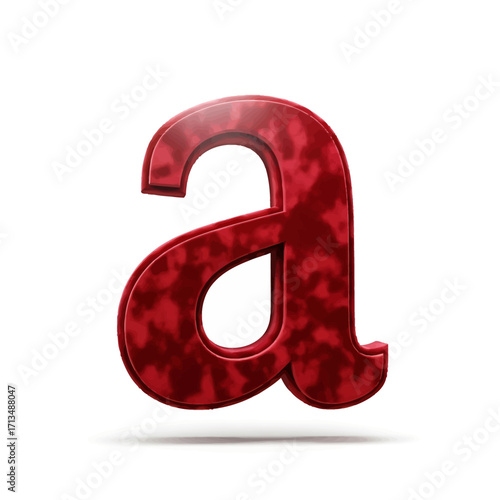 A 3D rendering of a lowercase letter 'a' with a textured red surface, casting a subtle shadow on a white background.