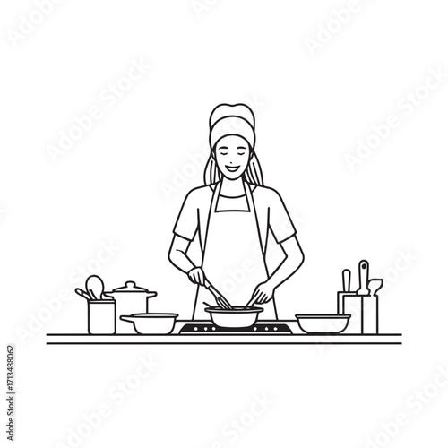 Black and White Vector Illustration of a Smiling Woman Cooking in Kitchen with Apron and Headband