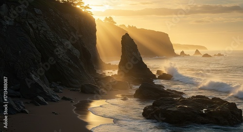 Sunlit coastal scene with jagged cliffs waves crashing on rocks and golden light streaming through the landscape