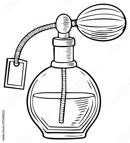 Ornate perfum bottle in glass with spray bulb, a black and white drawing with engraving and line work for design elements