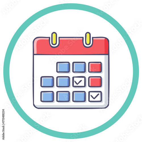 Doodle style calendar reminder vector illustration on white in turquoise circle