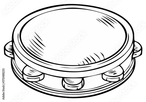 Illustrated percussion tambourine with zills.  Musical instrument for rhythm,  orchestra, concert performance.