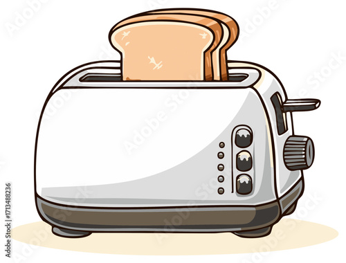 Cartoon illustration of a white toaster with two slices of bread ready for breakfast