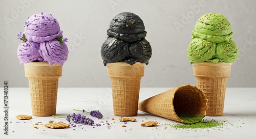 Three cones hold purple black and green ice cream scoops with a spilled cone cookies and lavender nearby