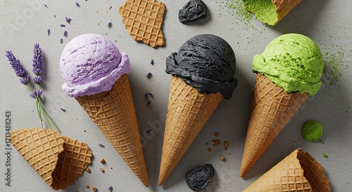 Three ice cream cones purple black and green on a neutral surface with cone shards flowers and ice cream pellets