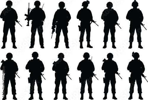 Silhouette vector illustration of armed soldiers, military troops holding rifles, army personnel graphic icons for defense, combat, war, security, tactical operations