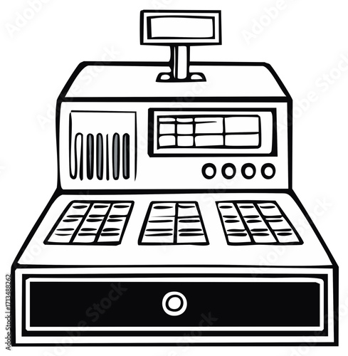 Illustration of a vintage cash register with display, buttons, keyboard and drawer, rendered in a black and white style.