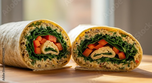 Two halves of a cut wraproll showcasing the fillings greens red bell peppers and a folded crepetortilla surrounded by a hummuslike spread in a tortilla