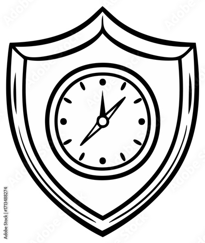 Shielded Clock Icon Illustration Representing Time Management Security Assurance Line Art Design, Timepiece inside Defense Shape Symbol
