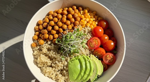 Topdown view of a bowl filled with chickpeas corn quinoa sprouts tomatoes and avocado slices