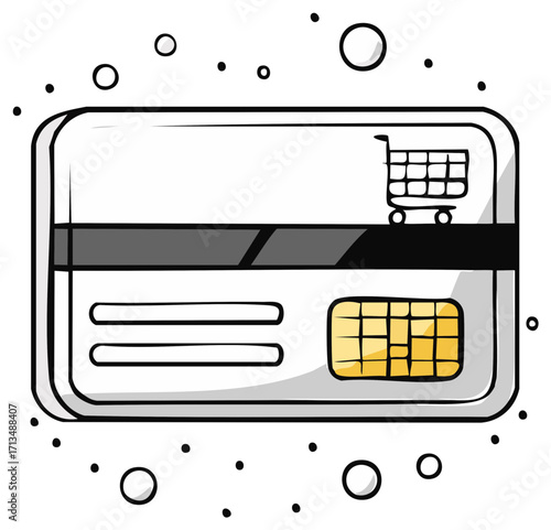 Digital Credit Card Illustration with Shopping Cart Icon for Secure Online E-commerce Payments and Transactions