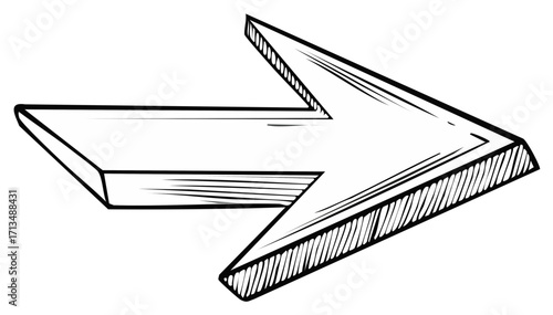 Hand-drawn 3D arrow pointing right, sketch style forward direction symbol
