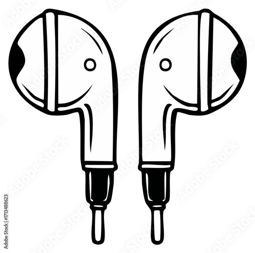 Pair of outline earbuds with black details, isolated on white background