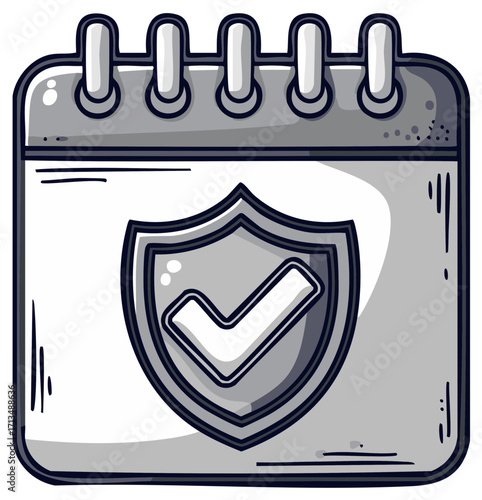 Cartoon calendar illustration with a shield and check mark symbol representing security and important dates